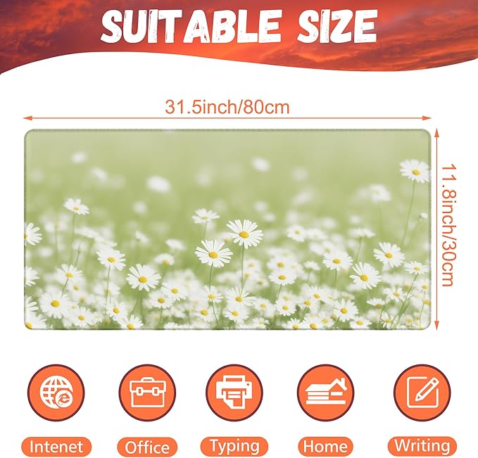 Desk Mat, Green Daisy Flowers Desk Pad, Chamomile Flowers Large Gaming Mouse Pad, 31.5"x15.7" Extended Big Computer Keyboard Mouse Pad with Non-Slip Base and Stitched Edge