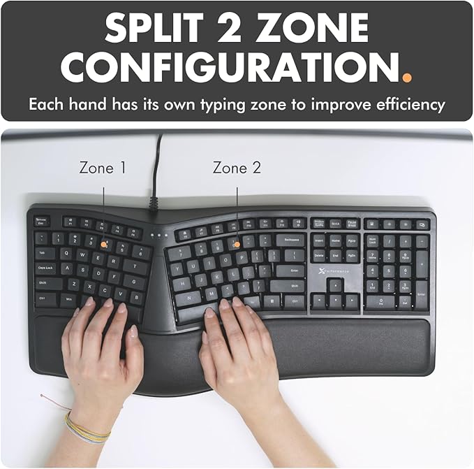 X9 Wired Ergonomic Keyboard with Cushioned Wrist Rest - Type Comfortably Longer - USB Wired Split Keyboard for Laptop, PC & Chrome Computer with 110 Ergo Keys & 5ft Cable