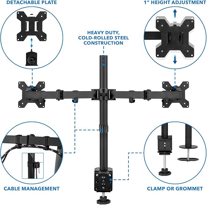 Mount-It! Dual Monitor Mount | Double Monitor Desk Stand | Interchangeable C-Clamp and Grommet Base | Two Heavy Duty Height Adjustable Arms Fit 2 Computer Screens 19 21.5 24 27 32 Inches | VESA 75 100