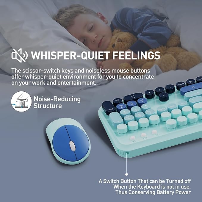 Keyboard and Mouse Wireless,2.4Ghz Retro Typewriter Style Round Keycap,Full Size Colorful Wireless Keyboard Mouse Combo,Cute Cordless Keyboard Mouse Set for PC Laptop Desktop Computer-Teal