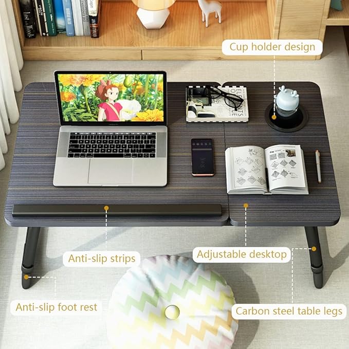Laptop Desk for Bed, Adjustable Laptops Stand with 5 Adjustable Angles, Portable Lap Tray Table with Cup Holder, Laptop Bed Desk Tray for Eating Working Writing Reading (Black)