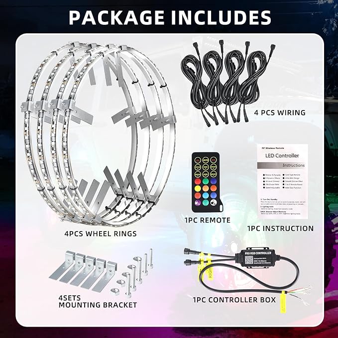 Tavaray 4PCS 14" RGB LED Wheel Ring Lights with APP & Remote Control, 178+DIY Dynamic Modes w/Turn Signal Braking and Reverse Function, IP67 Waterproof Wheel Lights for Trucks Pickups Cars Offroad