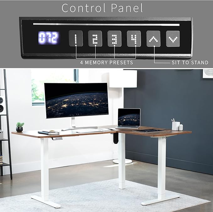 VIVO Corner Standing Desk, 63 x 47 inch Reversible L-Shaped Workstation, Electric Height Adjustment, Home, Office, and Reception Rooms, Rustic Vintage Brown Table Top White Frame, DESK-E3CTWN-47