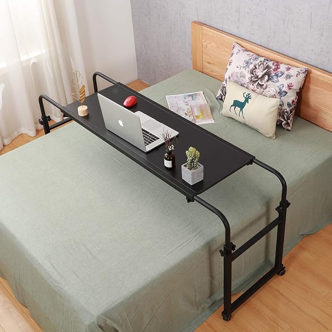TigerDad Overbed Table with Wheels, 350lbs Capacity Heavy Duty Rolling Bed Desk for King Queen Bed, 55"-83" Adjustable Length & Height, Mobile Cross Bed Laptop Stand for 17 inch Computer, Black