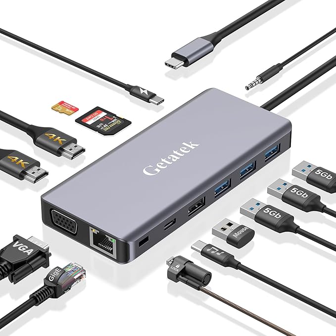 USB Docking Station 2 HDMI, USB 3.0 Hub to HDMI Adapter with 3 USBA 3.0 up to 5Gbps, USBC Data Port & 1 USB 2.0 Port, 100W PD& VGA, SD Card Reader, Multiport USB Dongle with Kensington Safety Lock