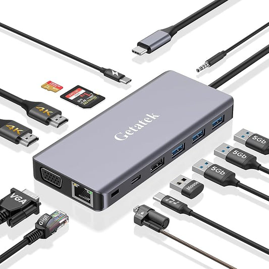 USB Docking Station 2 HDMI, USB 3.0 Hub to HDMI Adapter with 3 USBA 3.0 up to 5Gbps, USBC Data Port & 1 USB 2.0 Port, 100W PD& VGA, SD Card Reader, Multiport USB Dongle with Kensington Safety Lock