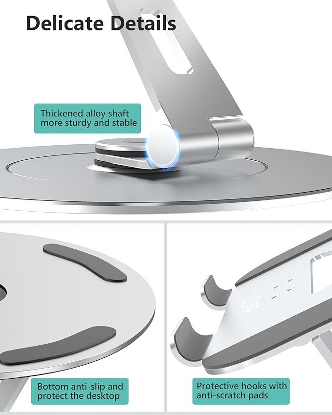 Laptop Stand with Phone Holder, Adjustable Laptop Stand, Aluminum Computer Mount Holder, Ergonomics Laptop Riser for Desk, Printer Stand Fits MacBook, up to 17.3" All Notebooks Silver