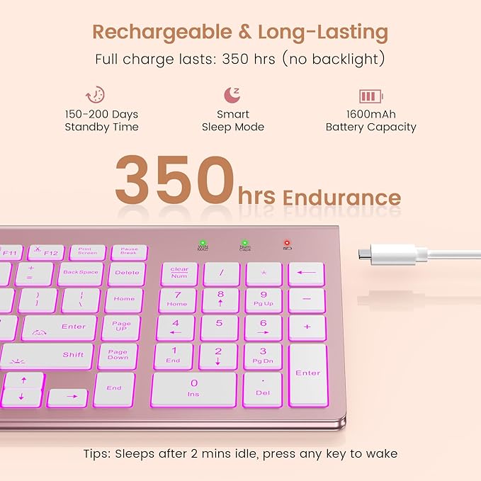 SABLUTE Wireless Keyboard with 7 Colored Backlits, Rechargeable Silent Compact Cordless Computer Keyboard with Low Profile Quiet Light Up Keys for Windows, PC, Linux, Chrome, Mac (Rose Gold)