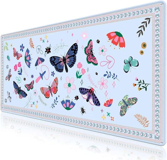 Mouse Pad, Cute Cool XXL Big Desk Mat for Desk Cover, Anti-Slip Large Mousepad with Stitched Edges, Keyboard Mat for Computer Desktop Table Protector I Soft Blue Floral & Butterfly