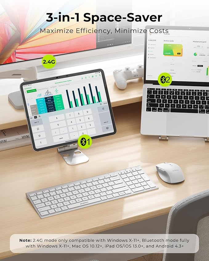 seenda Wireless Bluetooth Keyboard and Mouse Combo, COE401 Rechargeable Slim Keyboard Mouse, 3 Multi-Device Connection, Compact Quiet Set Compatible for Mac/Windows Laptop MacBook iPad, White Silver