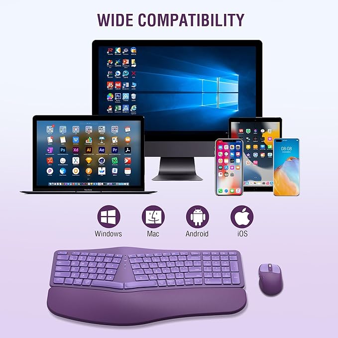 Ergonomic Wireless Keyboard Mouse Combo, EDJO Bluetooth/2.4G Dual Channel, Split Design, Soft Foam Palm Rest, 4 Level DPI Adjustable Wireless Mouse, Rechargeable, for Windows/Mac/Android(Purple)