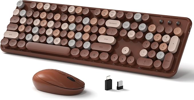 Wireless Keyboard and Mouse, Full-Size Retro Typewriter Keyboard with Round Keycaps, 2.4GHz for Windows, Mac, Laptop, PC, Desktop (Coffee Colorful)