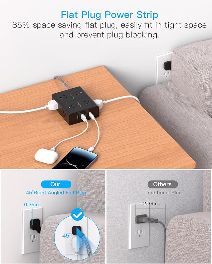 10Ft Extension Cord with Multiple Outlets, Flat Plug Power Strip Surge Protector 10 Ft Long Cord, 8 Outlet 4 USB Ports (2 USB C), Multi Outlet Wall Plug for Office, College Dorm Essentials - Black