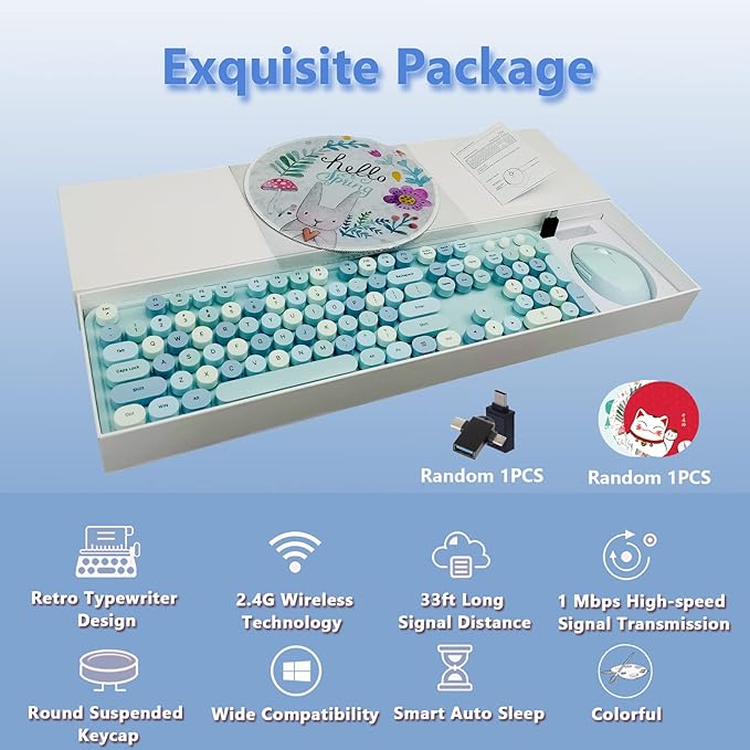 Wireless Keyboard and Mouse Combo, Ergonomic Cute Retro Typewriter Full Size Colorful USB Cordless Keyboard Mouse Set for Gaming and Office (Blue)