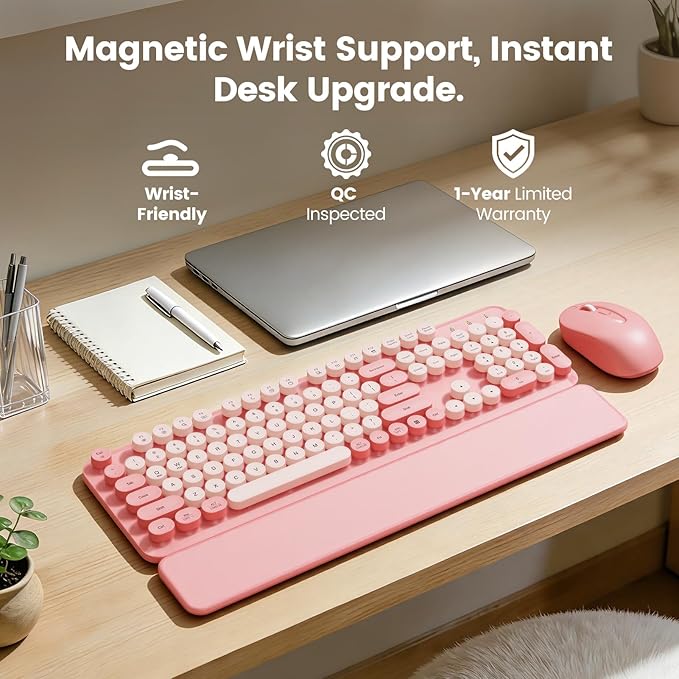 Wireless Keyboard and Mouse Combo with Magnetic Wrist Rest & Round Keycaps, Full-Size Retro Typewriter-Style, Adjustable Tilt Legs, Auto-Sleep, 2.4G Wireless for Windows Mac Laptop PC - Bubblegum Pink