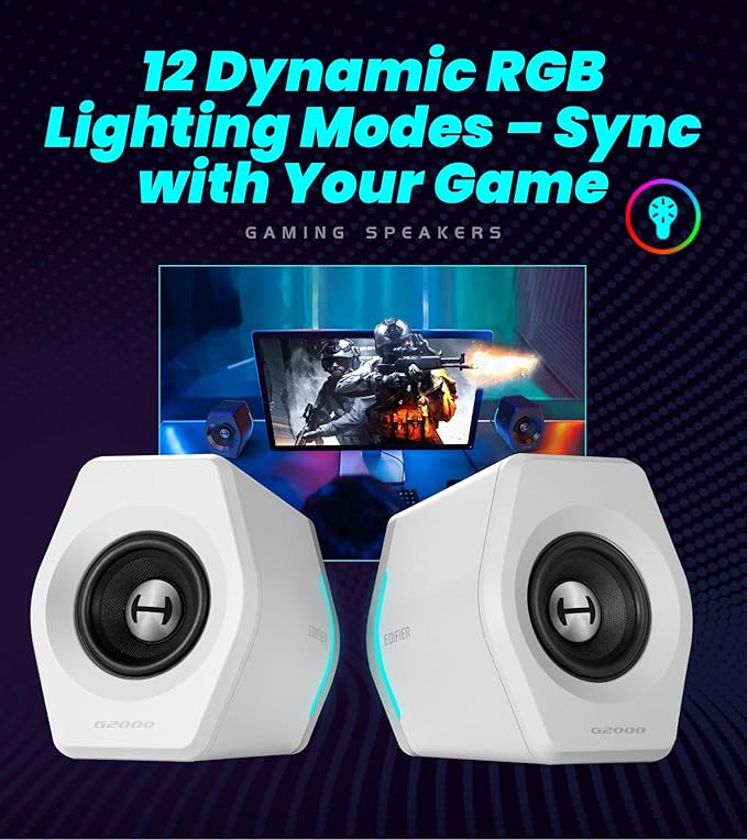 Edifier G2000 RGB Gaming Speakers, 32W Peak Power, Compact Design for PC/PS4/Desktop, Bluetooth 5.1, 3.5mm AUX, Game/Movie/Music Modes, 12 RGB Lighting Effects - White