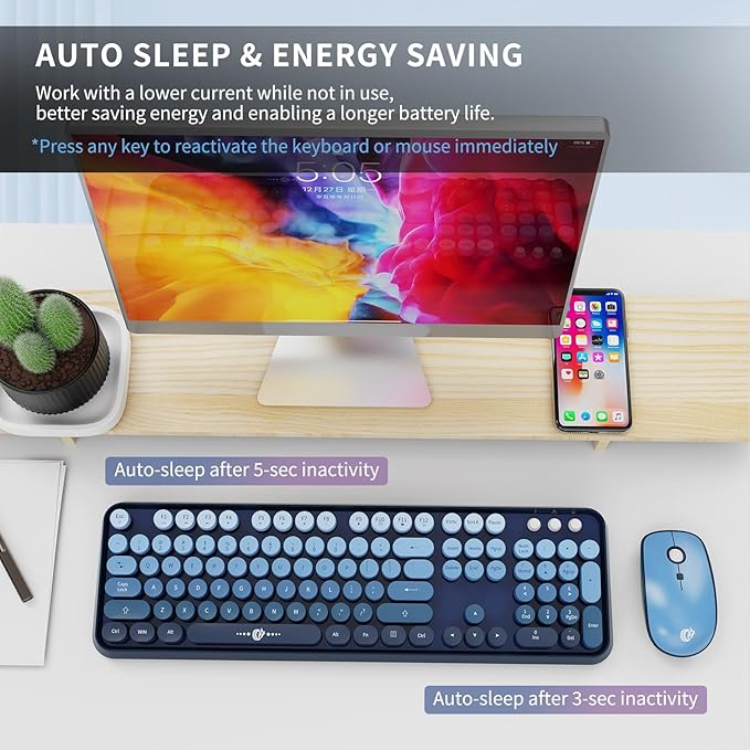 Wireless Keyboard and Mouse | Cute Colorful Keyboard and Mouse with 2.4GHz Cordless Retro Typewriter Keyboard | Auto-Sleep | USB Receiver for Windows PC/Laptop - Blue Gradient