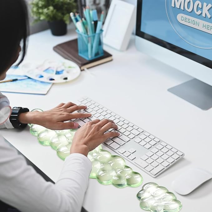 Gel Cloud Wrist Rest Keyboard, Cute Wrist Rest for Computer Keyboard, Ergonomic keyboard Wrist Rest and Soft Mouse Wrist Rest for Typing Pain Relief, Suitable for Office, Home, Computer, Gaming, Green