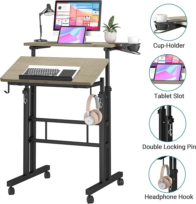 Klvied Stand Up Desk on Wheels, Portable Computer Desk for Home Office,Rolling Desk for Laptop with Removable Cup Holder, Adjustable Laptop Cart for Standing or Sitting,Grey
