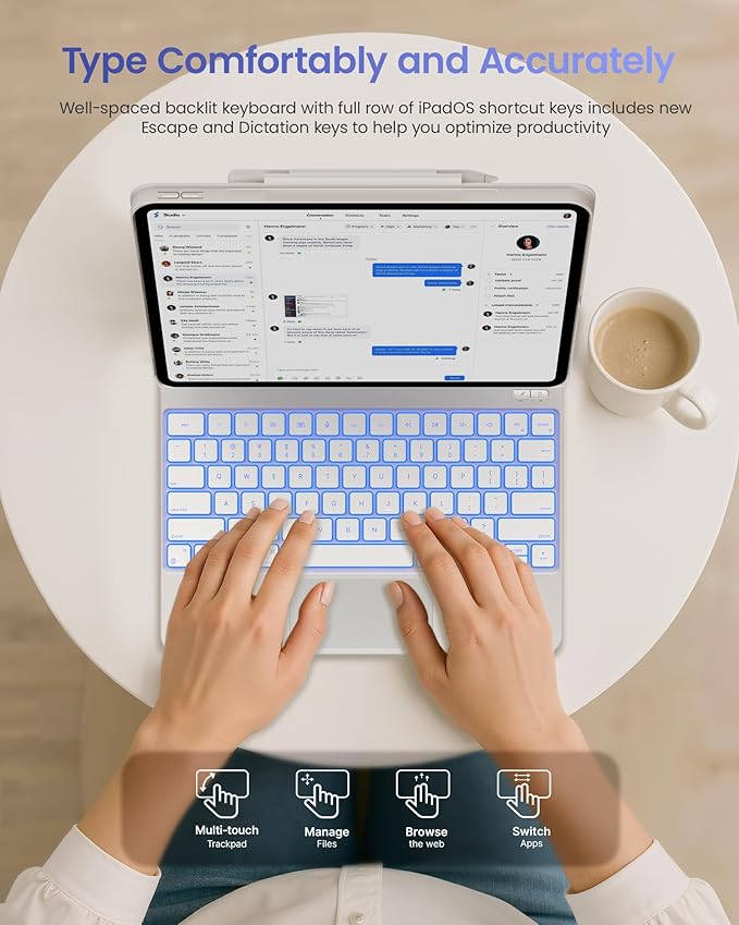 typecase Edge+ Keyboard Case for iPad Air 13"(M4/M3/M2, 2026/2025/2024) & iPad Pro 12.9"(3/4/5/6th Gen), Ultra-Slim Detachable Case, Portrait & Typing Modes, 11-Color Backlight, Magnetic Stand, White
