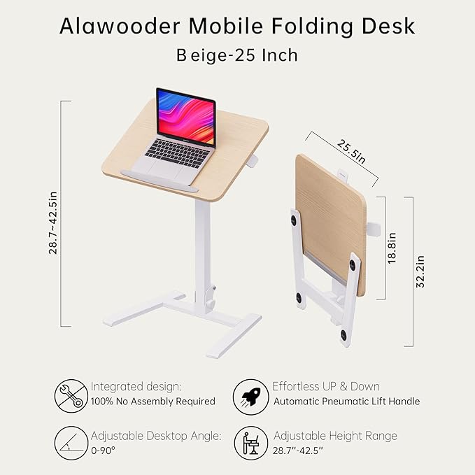 25 Inch Mobile Folding Desk - No Assembly, Pneumatic Sit-Stand, 29-42" Height Adjustable Rolling Laptop Desk with Hidden Wheels, 0-90° Tilt Top for Home Office, Craft & Study