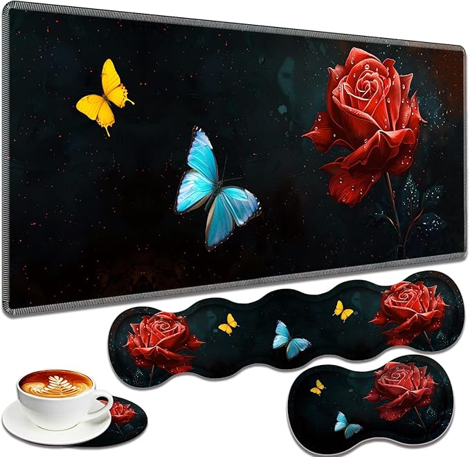 Large Gaming Mouse Pad + Keyboard Wrist Rest + Wrist Support + Coaster Set, Memory Foam Ergonomic for Easy Typing, XXL Extended Gaming Mouse Pad Table Pad - Starry Red Rose