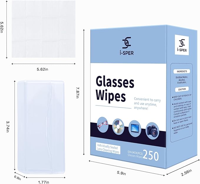 250 Count Lens Wipes for Eyeglasses, Pre-Moistened Individual Wrapped Glasses Wipes Lens Cleaner, with a Carrying Box, Defogging Screen Wipes for Sunglass, Goggles, Camera, Computer, Laptops Screens