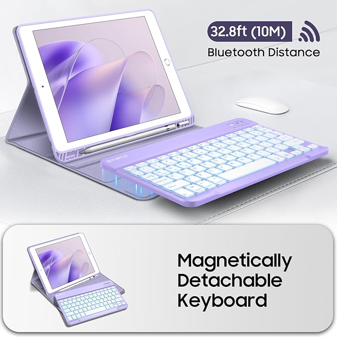 FINTIE Backlit Keyboard Case for iPad 9th / 8th / 7th Generation (2021/2020/2019) 10.2 Inch, Soft TPU Back Cover with 7 Colors Backlight Magnetically Detachable Bluetooth Keyboard, Fantasy Ombre