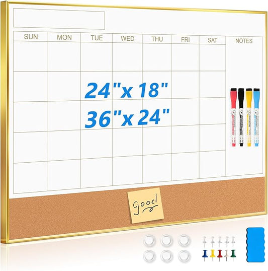Large Dry Erase Calendar Whiteboard for Wall, 36'' x 24'' Magnetic Monthly White Board with Cork Board, Gold Aluminum Frame Memo Board for Home, Office, School
