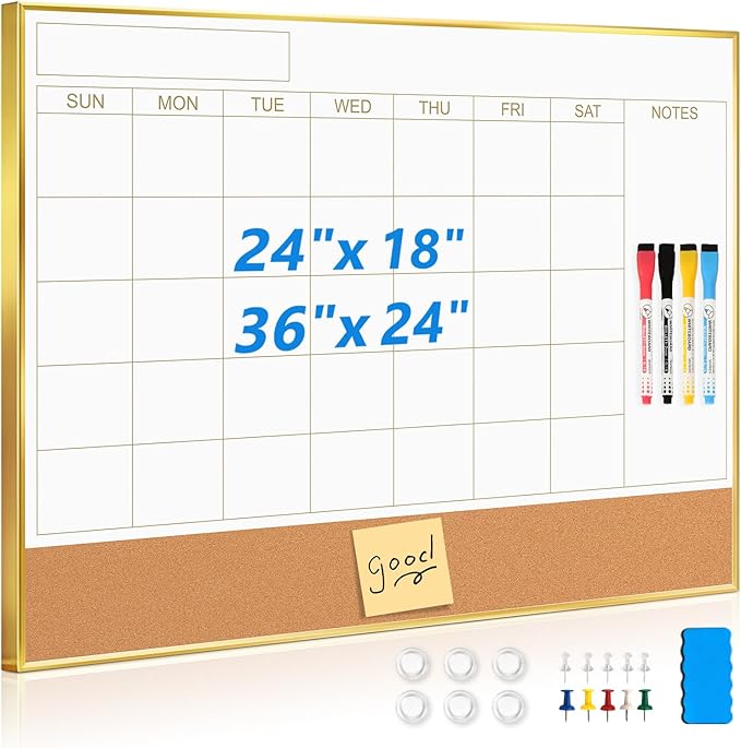 Dry Erase Calendar Whiteboard and Cork Board Combo, 24'' x 18'', Monthly White Board, Wall Hanging, Gold Aluminum Frame, for Home Office School