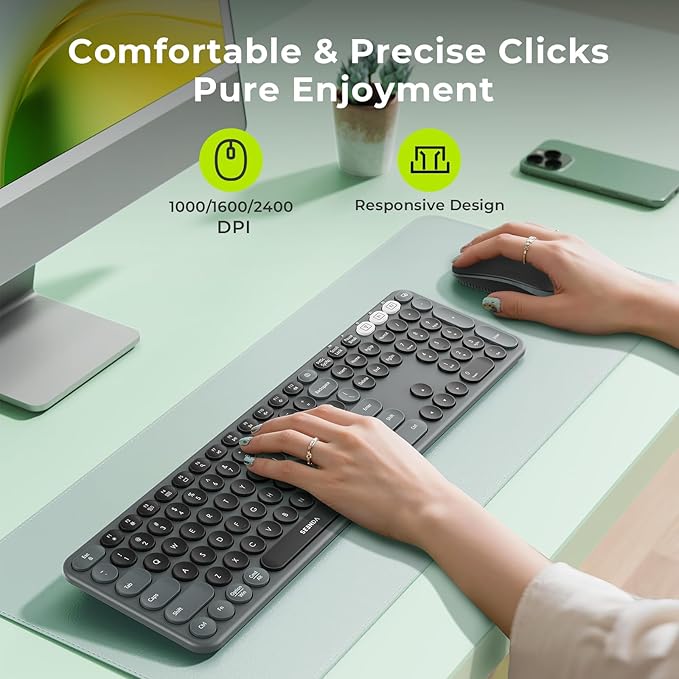 seenda Wireless Bluetooth Keyboard and Mouse Combo, COE202 Round Cute Keycaps, 3 Multi-Device Connection, Full Size Wireless Keyboard Compatible for PC/Laptop/Mac/MacBook/iPad/Tablet, Black
