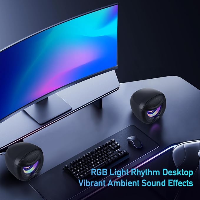 USB Computer Speakers, 3.5mm Aux Speaker and USB Powered Interface are Suitable for Desktop Laptop Monitor, Owl Eye Design, Includes a USB-C Adapter, Colorful Lights