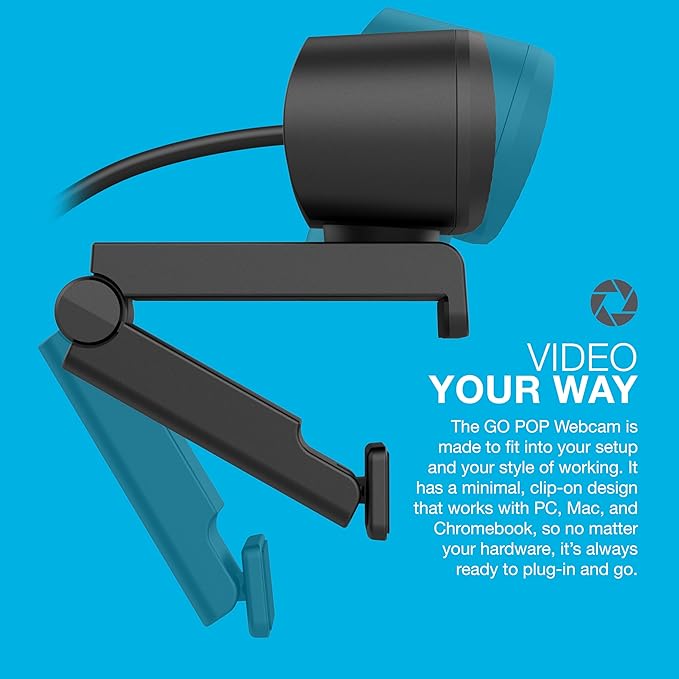JLab Go Pop Cam USB HD Webcam, Black, 1080P/30 FPS, 2.1 Megapixels, Built-in Privacy Shutter, Minimalist Portable Set-up, Clip-on Design Compatible with PC, Mac and Chromebook