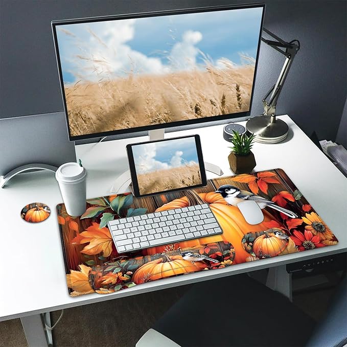 Large Mouse pad and Keyboard Support Set, Ergonomic Memory Foam Keyboard Wrist Rest, Extended Gaming Mouse Pad with Stitched Edges, Fall Pumpkins and Bird XXL Desk Mat (31.5 X 11.8 in)