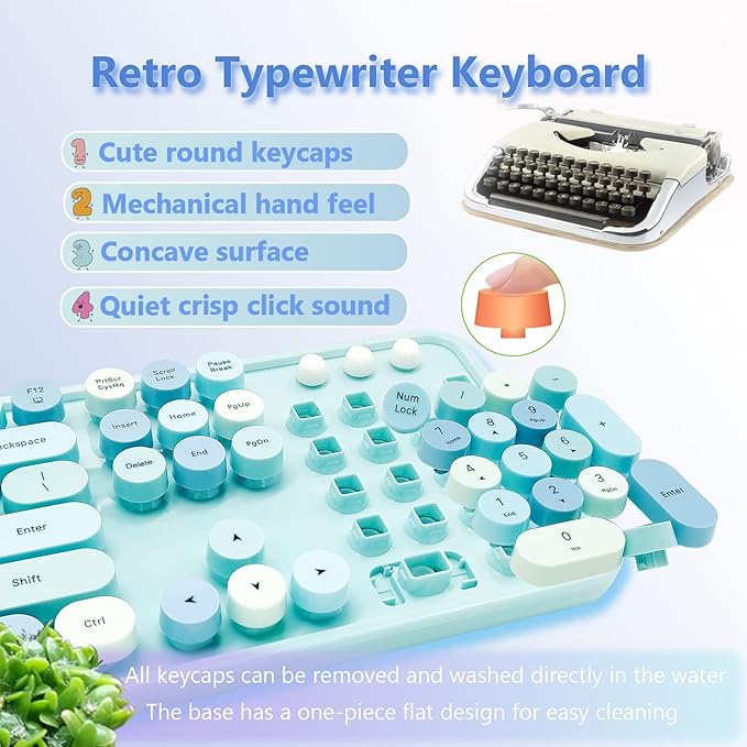 Wireless Keyboard and Mouse Combo, Ergonomic Cute Retro Typewriter Full Size Colorful USB Cordless Keyboard Mouse Set for Gaming and Office (Blue)