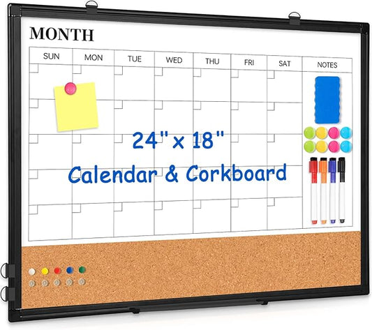 Monthly Calendar Whiteboard Dry Erase Cork Board Combo, 24" x 18" Magnetic Double-Sided Calendar White Board and Bulletin Board with Black Aluminium Frame, Portable Whiteboard for Office, Home, School