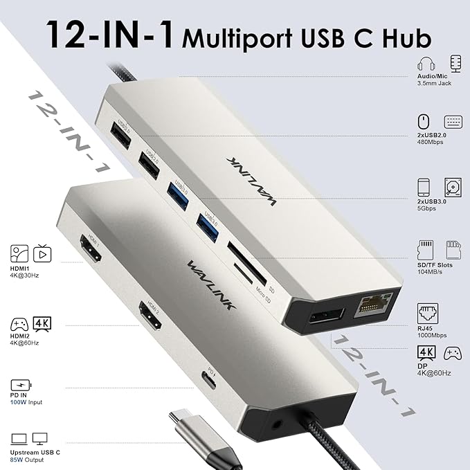 WAVLINK USB C Laptop Docking Station Triple Dual Monitor for Dell/Lenovo/HP/XPS, USB-C Hub Multiport Adapter Dongle Dock, 2 HDMI, DisplayPort, Ethernet, 85W Power Delivery, SD Card Reader, Audio