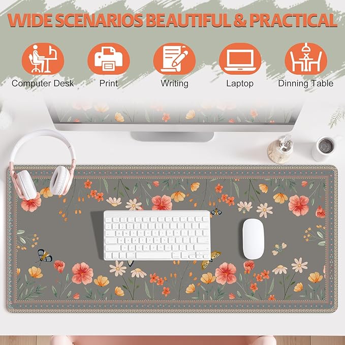 Desk Pad for Keyboard and Mouse, Large Mouse Pad for Desk, Non-Slip Keyboard Mat, Computer Mats for Desk, Cute Desk Pad with Stitched Edges for Office, Gaming I Brown Butterflies Flowers