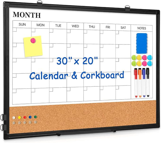 Monthly Calendar Whiteboard Dry Erase Cork Board Combo for Wall, 30" x 20" Double-Sided Calendar White Board and Bulletin Board with Black Aluminium Frame, Planning Board for Office, Home, School
