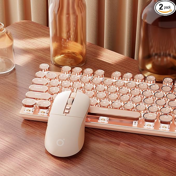 EWEADN Wired Typewriter keyboard and Mouse Combo, Typewriter Style Mechanical Gaming Keyboard,104 Keys Backlit LED Keyboards, Media Control Knob, Wired Keyboard Pink Switch for Windows/Mac/PC-Pink