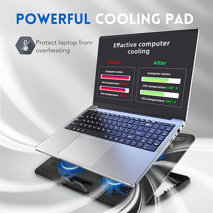 Laptop Cooling pad, ‌Coolertek Laptop Cooler with 5 Silent Fans, Adjustable Height Stand for 12-17 Inch Laptops, Ergonomic Cooling Stand with Dual USB Ports, Portable Cooling Accessories - Black