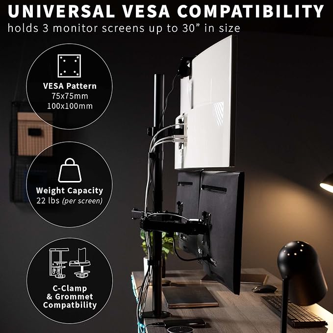 VIVO Triple LCD Monitor Desk Mount Stand Heavy Duty and Fully Adjustable, 3 Screens up to 30 inches STAND-V003T