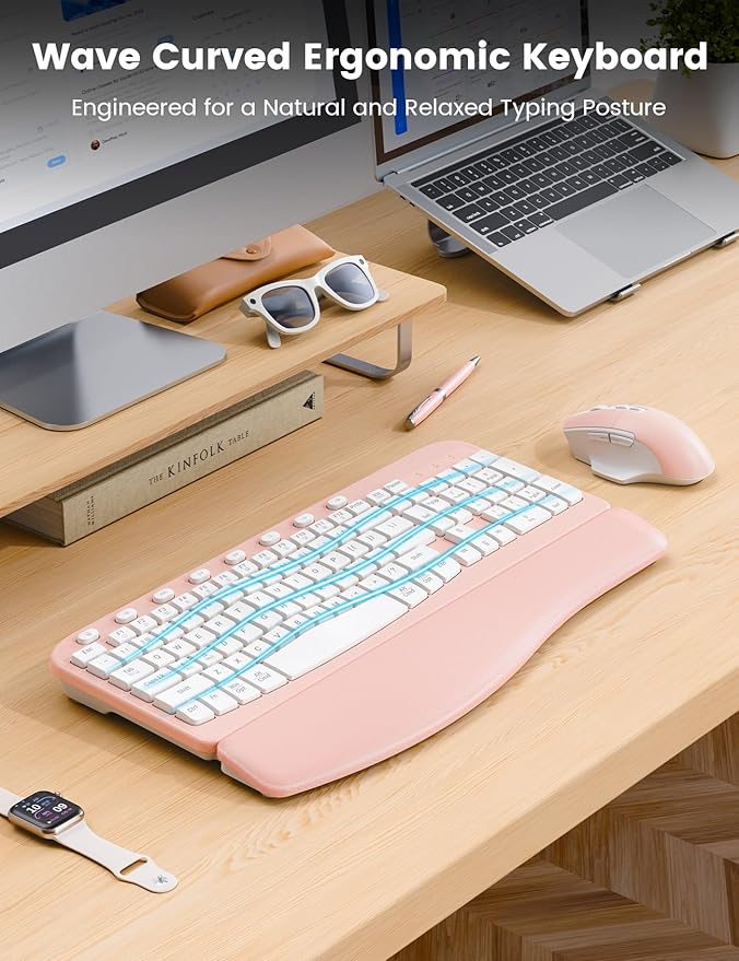 SABLUTE Wireless Keyboard and Mouse Combo, Ergonomic Wave Keys, Cushioned Plam Rest, Comfortable Silent Natural Typing, 2.4G Lag-Free, MA12 Full Size Keyboards Set for Multi-OS, Windows/Mac, Pink