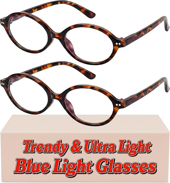 2 Pack Oval Blue Light Glasses for Women, Lightweight TR90 Small Frame with Spring Hinge for All-Day Comfort, Anti UV Glare & Eyestrain