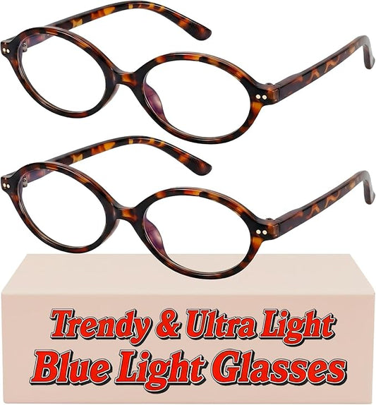 2 Pack Oval Blue Light Glasses for Women, Lightweight TR90 Small Frame with Spring Hinge for All-Day Comfort, Anti UV Glare & Eyestrain