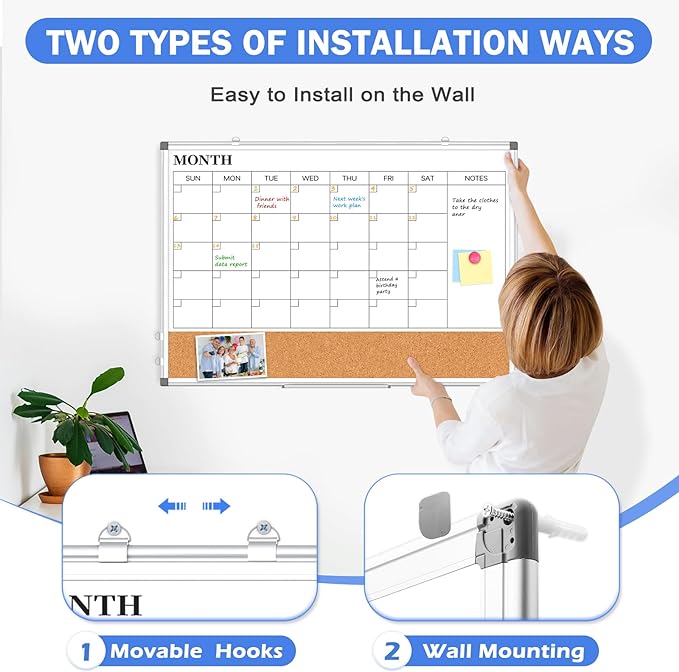 Monthly Calendar Whiteboard Dry Erase Cork Board Combo for Wall, 30" x 20" Magnetic Double-Sided Calendar White Board and Bulletin Board, Portable Board for Office, Kitchen, School, Home, Dorm