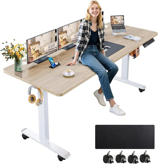 farexon Electric Standing Desk Adjustable Height, 63x24 Inches Computer Desk with Rolling Wheels, Mouse Pad,Multifunctional Stand up Desk for Home/Office(Oak Gray)
