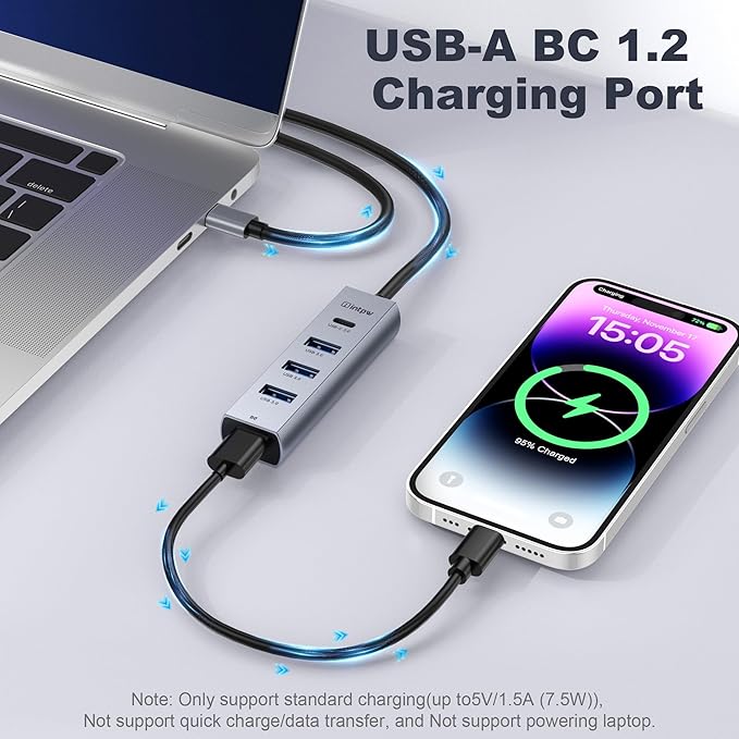 USB C to USB A Hub Splitter 5 Ports with BC Charging Aluminum Thunderbolt to USB C Hub Multiport Adapter USB 3.0 5Gbps Type C Hub Extender for Laptop Mac iPad PC Surface XPS and More(0.82FT5in1)