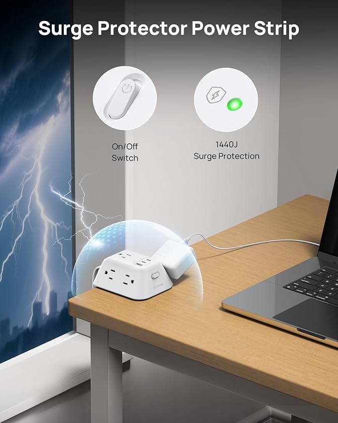 TROND USB C PD 20W Desk Clamp Power Strip, Surge Protector with 5 AC Outlets, 2 USB C Charging Station, Fit 1.97in Tabletop Edge Thick, 10ft Extension Cord for Home Office Accessories, White