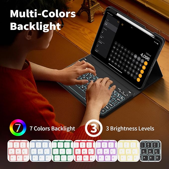 for iPad (A16) 11th Generation 2025 11-inch/10th Generation 2022 10.9 inch with Keyboard, 7 Colors Backlit Square Keycaps, Detachable Wireless Bluetooth Keyboard Case with Pencil Holder, Black
